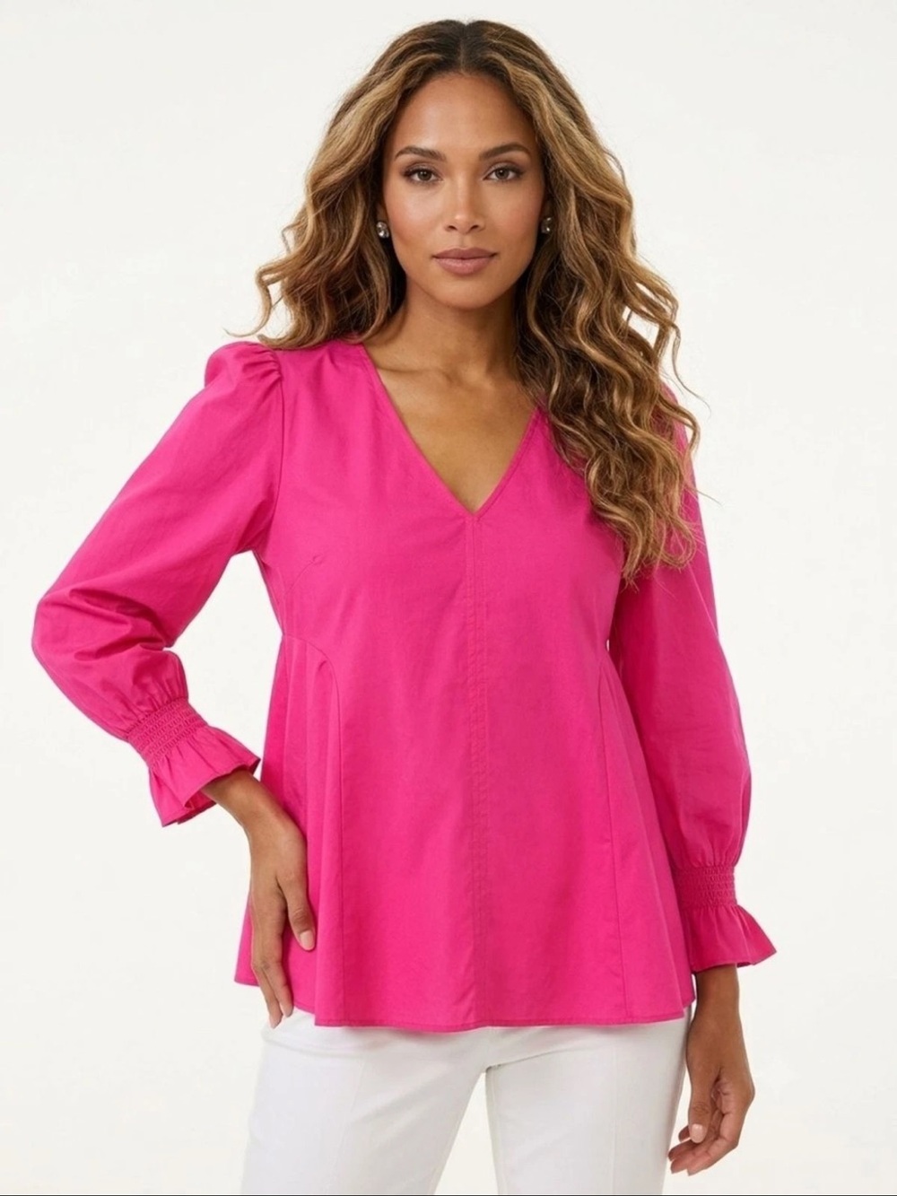 Pomander Place V-Neck Puff Sleeve Tunic in Hot Pink